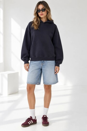 25122 Beli Lastikli Kapüşonlu Sweat Siyah