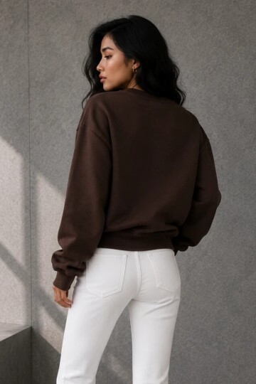 2513 Üç İplik Bisiklet Yaka Sweatshirt Acı Kahve