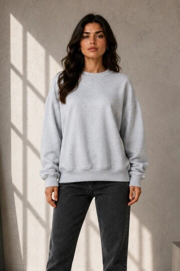 2513 Üç İplik Bisiklet Yaka Sweatshirt Karmelanj