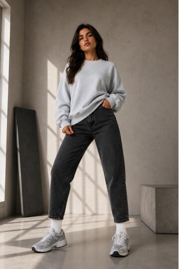 2513 Üç İplik Bisiklet Yaka Sweatshirt Karmelanj