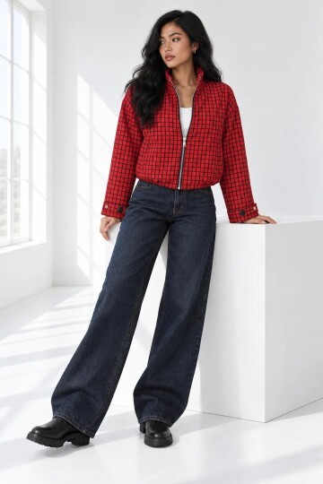 26453 Dik Yaka Cepli Ekose Ceket Kırmızı