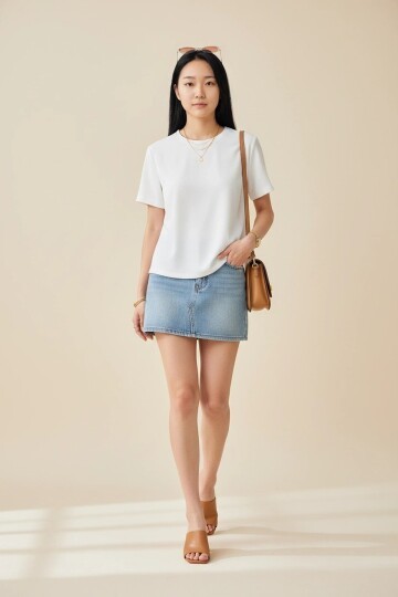 26617 Arkası Yırtmaç Detay Tshirt Ekru