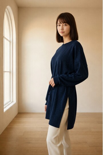 26781 Taşlı Beli Bağlamalı Tunik Lacivert