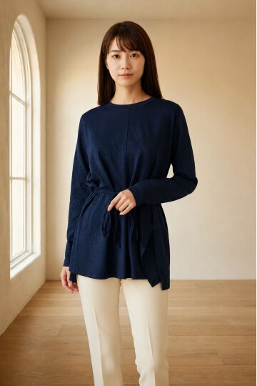 26781 Taşlı Beli Bağlamalı Tunik Lacivert