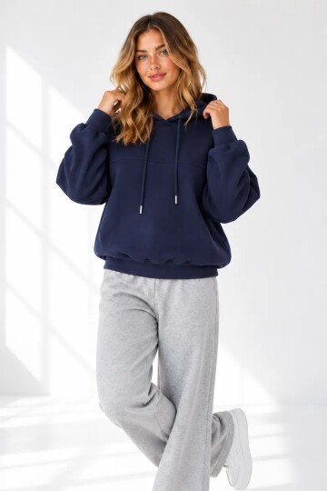 2761 Beli Sıkmalı Kapüşonlu Sweat Lacivert