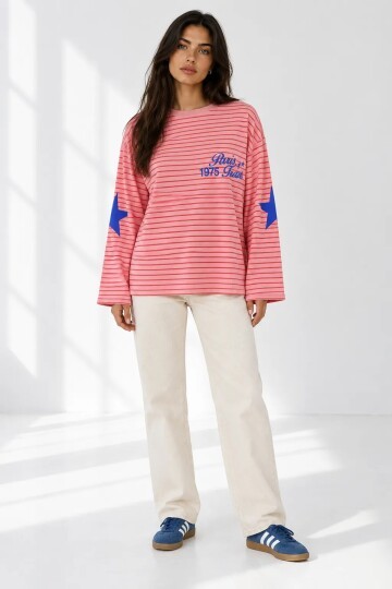 3073 Baskılı Çizgili Sweat Pembe