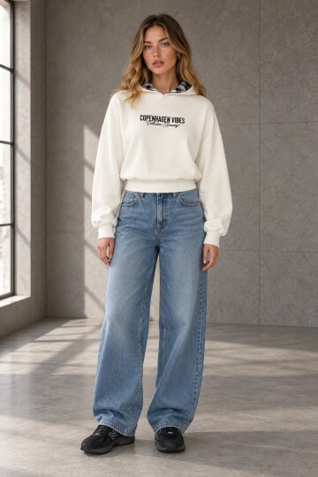 3364 Yazı Baskılı Sweat Ekru