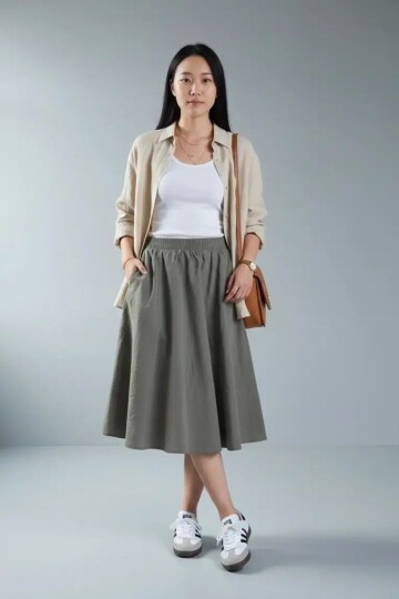 3950 Paraşüt Kumaş Kloş Etek Haki Yeşil