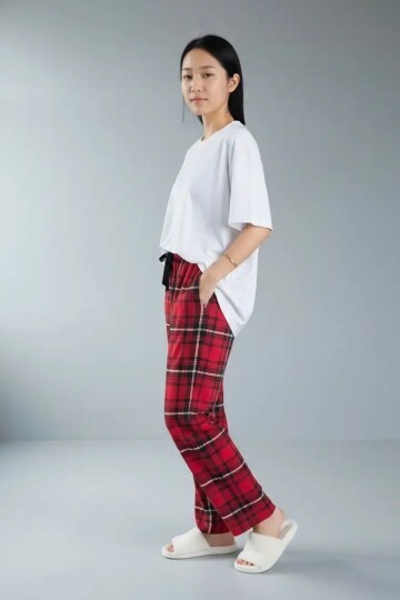 4517 Ekose Desen Pijama Altı Kırmızı