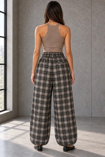 51466 Paça Pileli Ekose Desen Baggy Pantolon Kahve