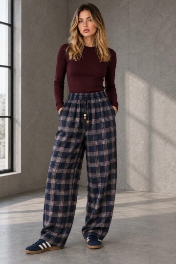 51486 Ekose Desen Pantolon Lacivert