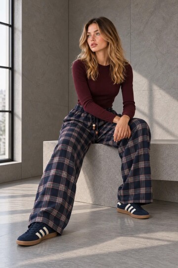 51486 Ekose Desen Pantolon Lacivert