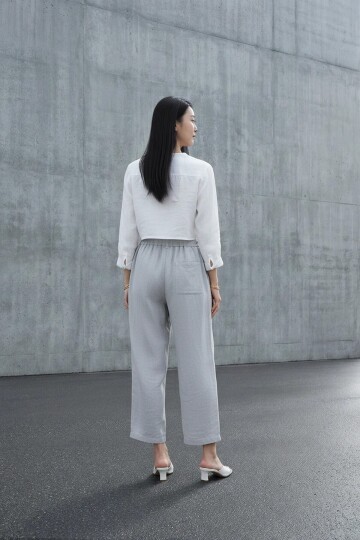 5812 Beli Lastikli Keten Pantolon Gri