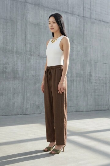 5812 Beli Lastikli Keten Pantolon Kahve
