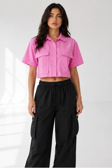 7037 Kapak Cepli Crop Gömlek Pembe