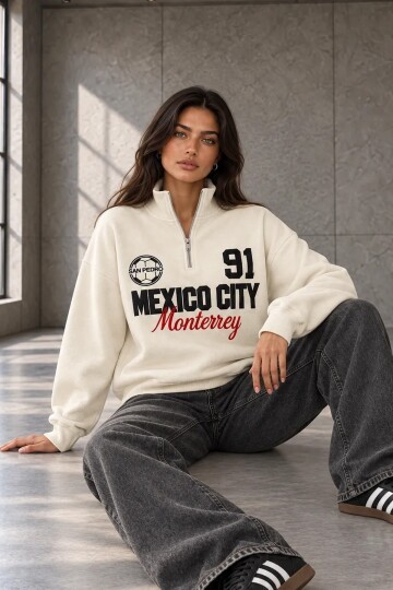MB9159 Dik Yaka Yarım Fermuarlı Sweat Ekru