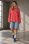 3074 Çizgili Baskılı Uzun Kollu Tshirt Kırmızı