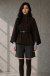 6902 Yarasa Kol Kemer Detaylı Panço Kahve